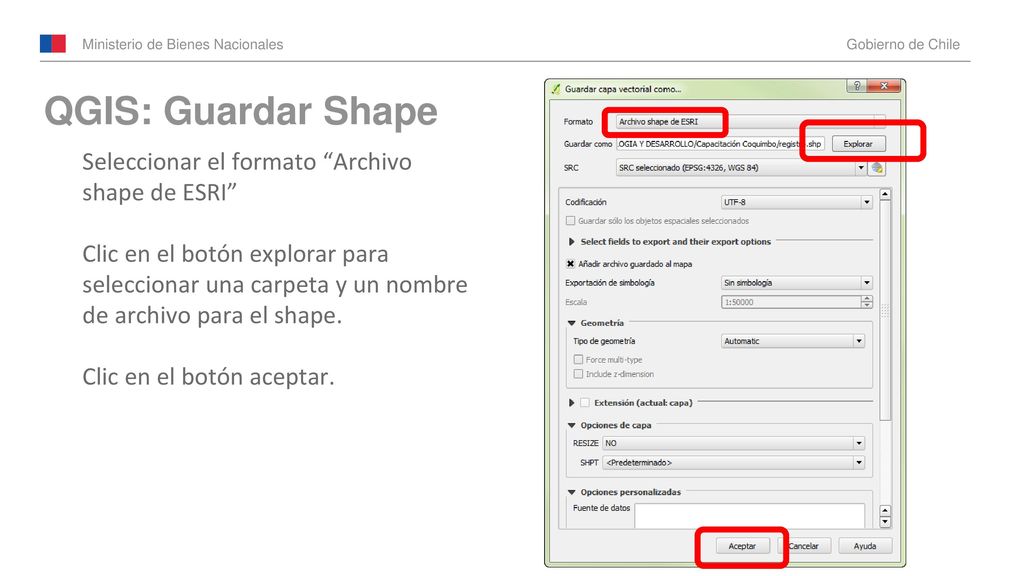 QGIS: Guardar Shape Seleccionar el formato Archivo shape de ESRI