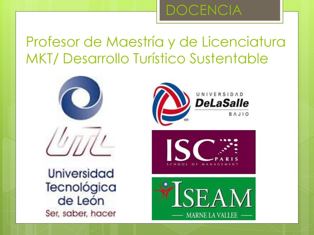 DOCENCIA Profesor de Maestría y de Licenciatura MKT/ Desarrollo Turístico Sustentable