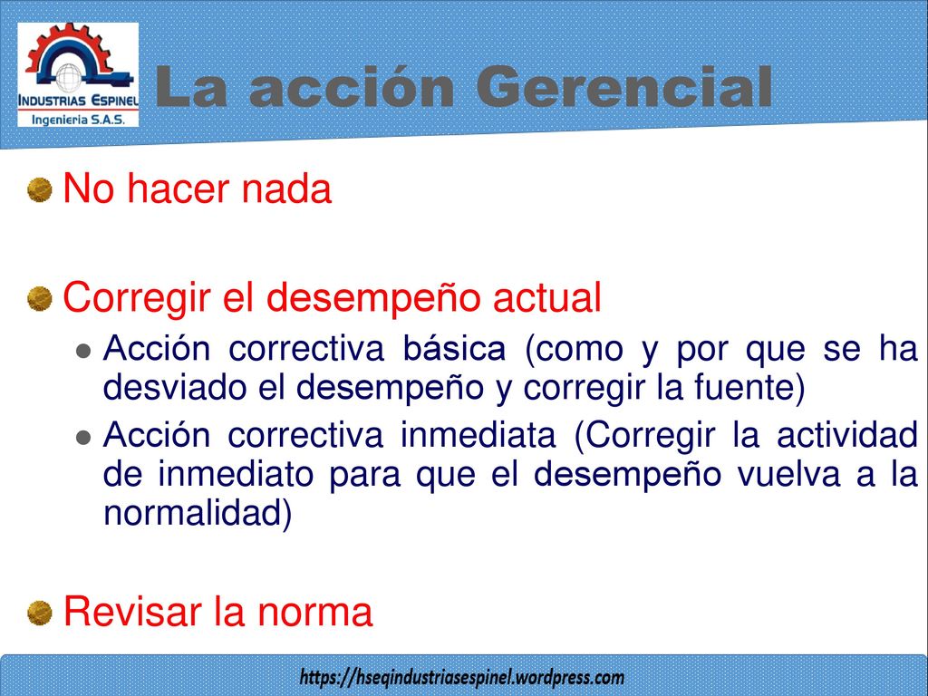 La acción Gerencial No hacer nada Corregir el desempeño actual