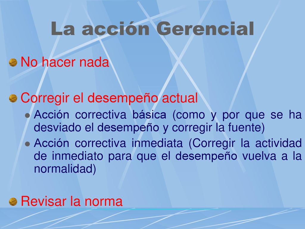 La acción Gerencial No hacer nada Corregir el desempeño actual