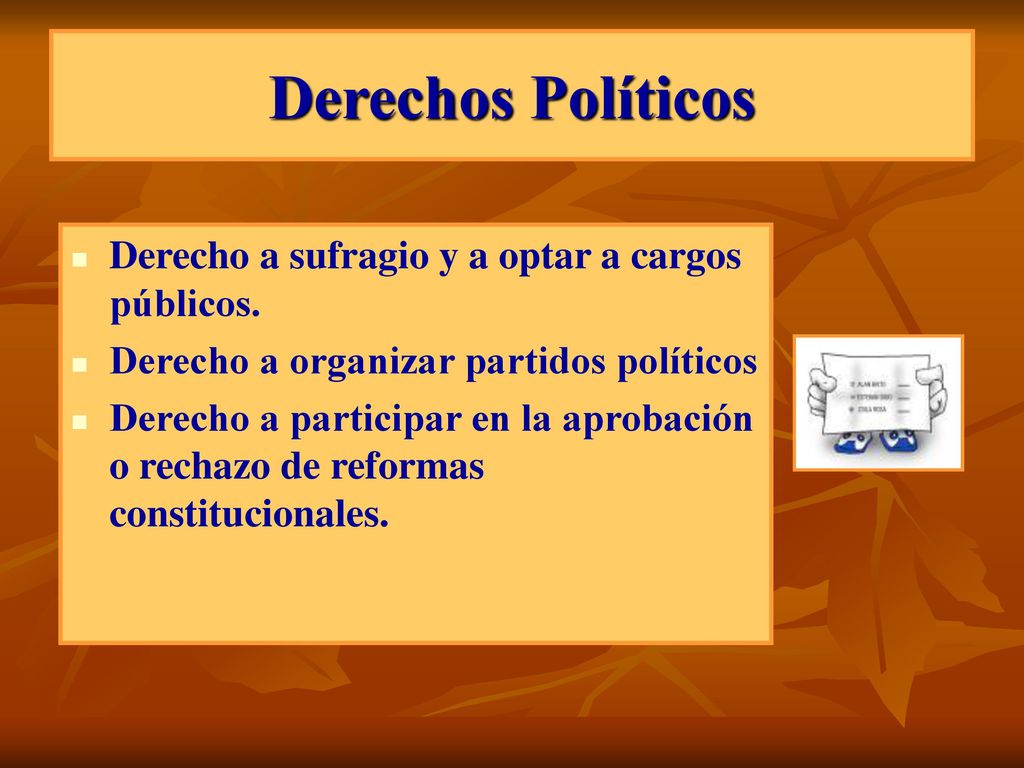 Derechos Políticos Derecho a sufragio y a optar a cargos públicos.