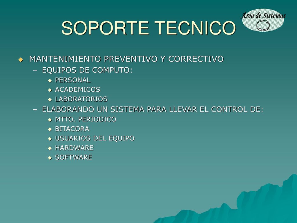 SOPORTE TECNICO MANTENIMIENTO PREVENTIVO Y CORRECTIVO Área de Sistemas