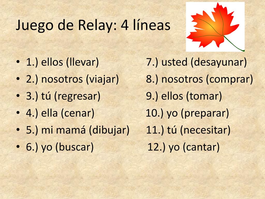 Juego de Relay: 4 líneas 1.) ellos (llevar) 7.) usted (desayunar)