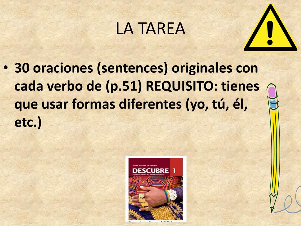 LA TAREA 30 oraciones (sentences) originales con cada verbo de (p.51) REQUISITO: tienes que usar formas diferentes (yo, tú, él, etc.)