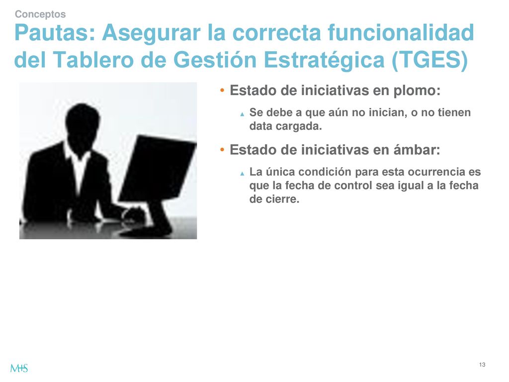 Conceptos Pautas: Asegurar la correcta funcionalidad del Tablero de Gestión Estratégica (TGES) Estado de iniciativas en plomo: