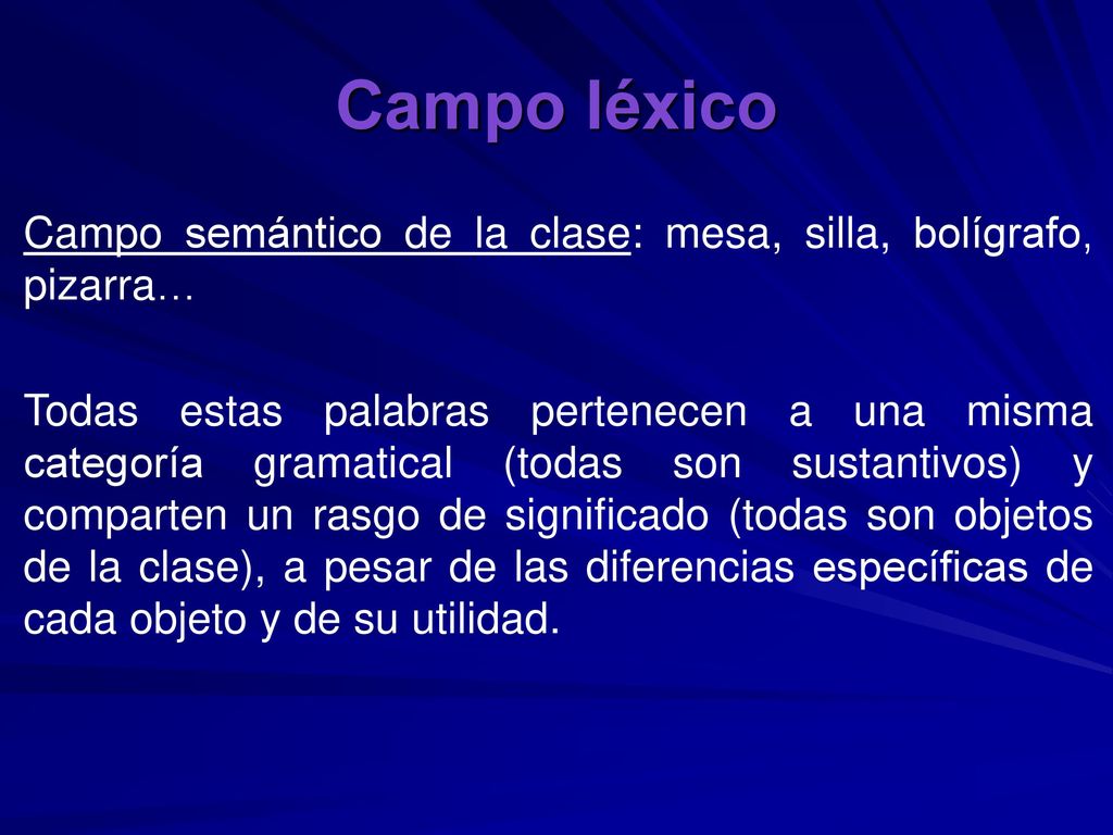 Campo léxico Campo semántico de la clase: mesa, silla, bolígrafo, pizarra…