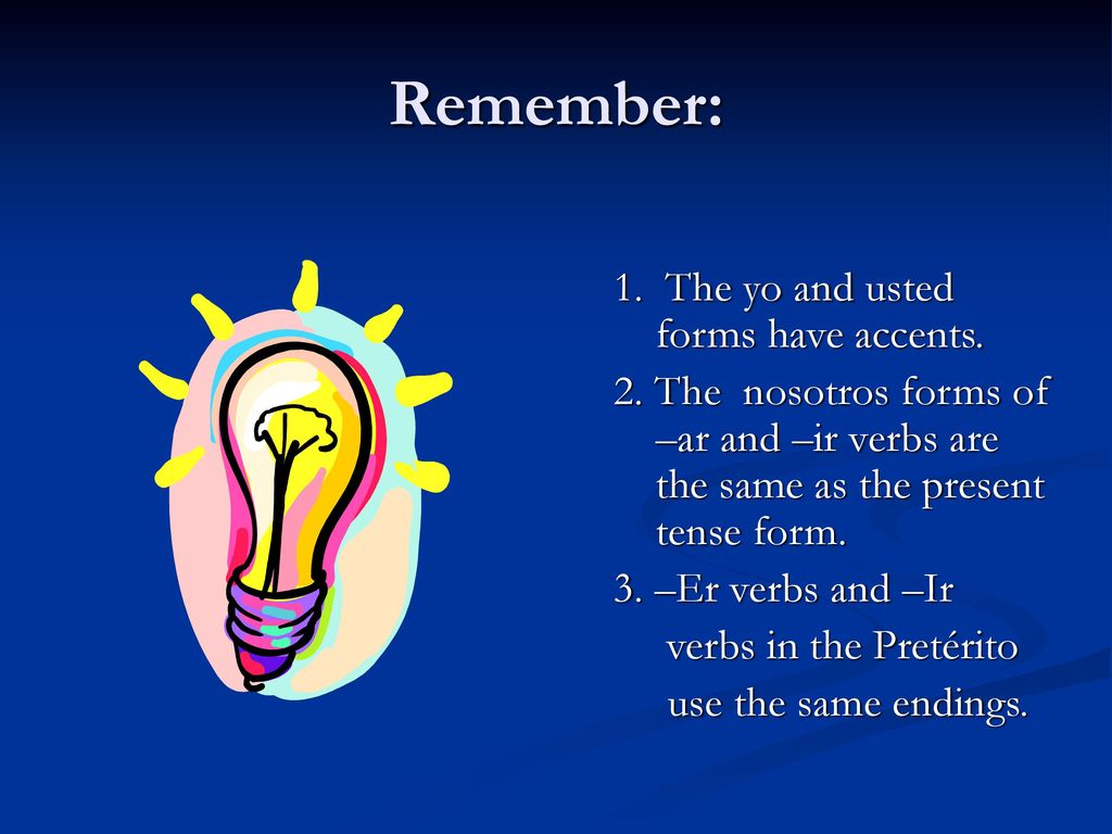 Remember: 1. The yo and usted forms have accents.