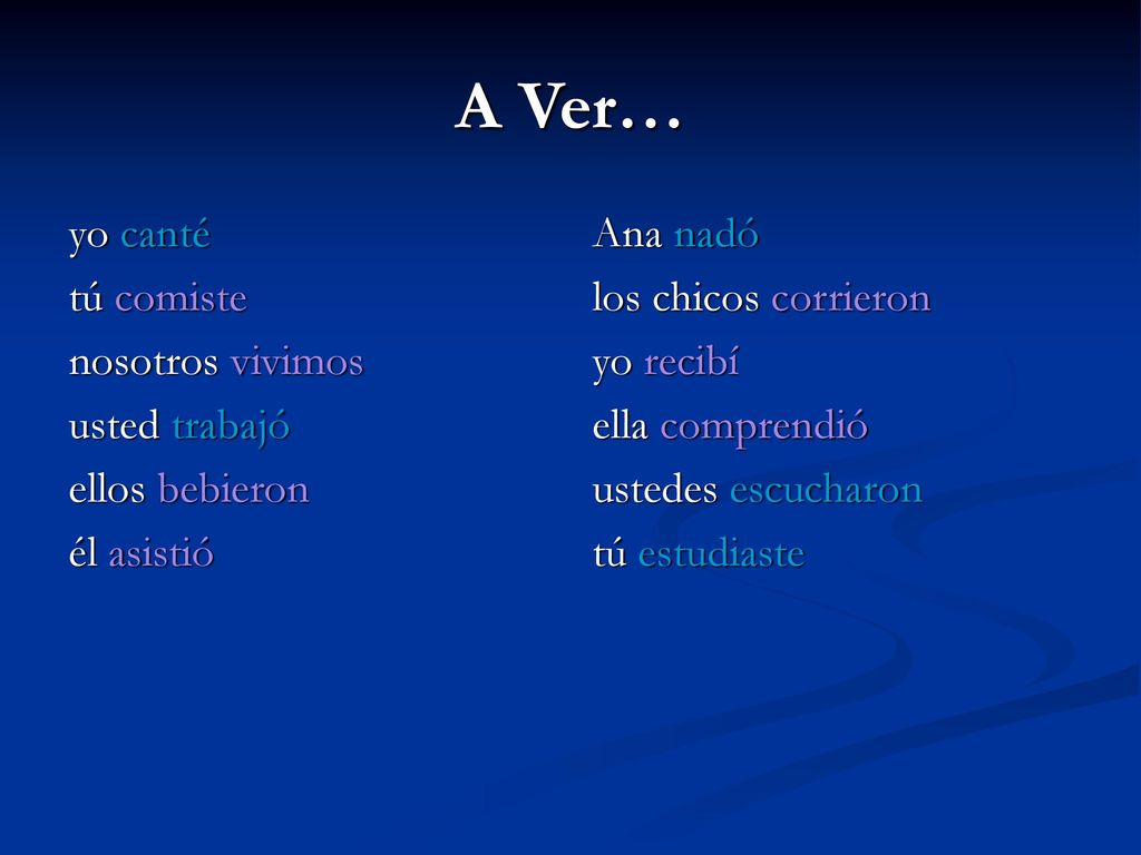 A Ver… yo canté tú comiste nosotros vivimos usted trabajó