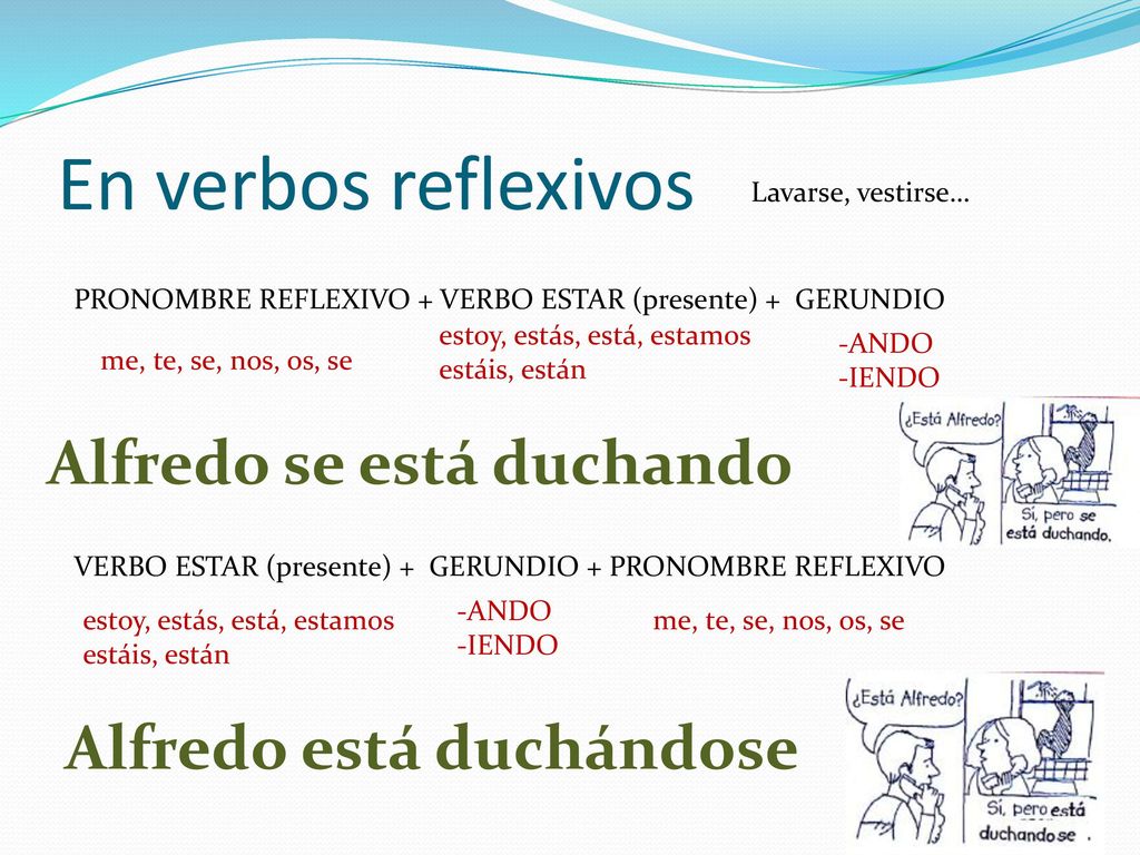 En verbos reflexivos Alfredo se está duchando Alfredo está duchándose