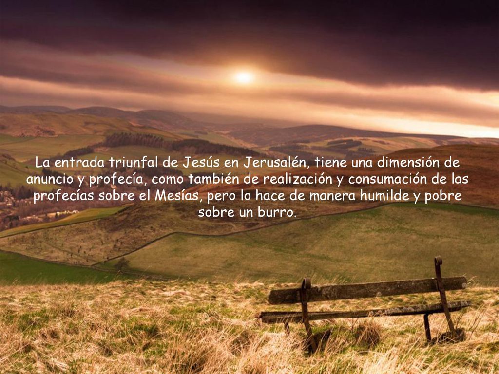 La entrada triunfal de Jesús en Jerusalén, tiene una dimensión de anuncio y profecía, como también de realización y consumación de las profecías sobre el Mesías, pero lo hace de manera humilde y pobre sobre un burro.