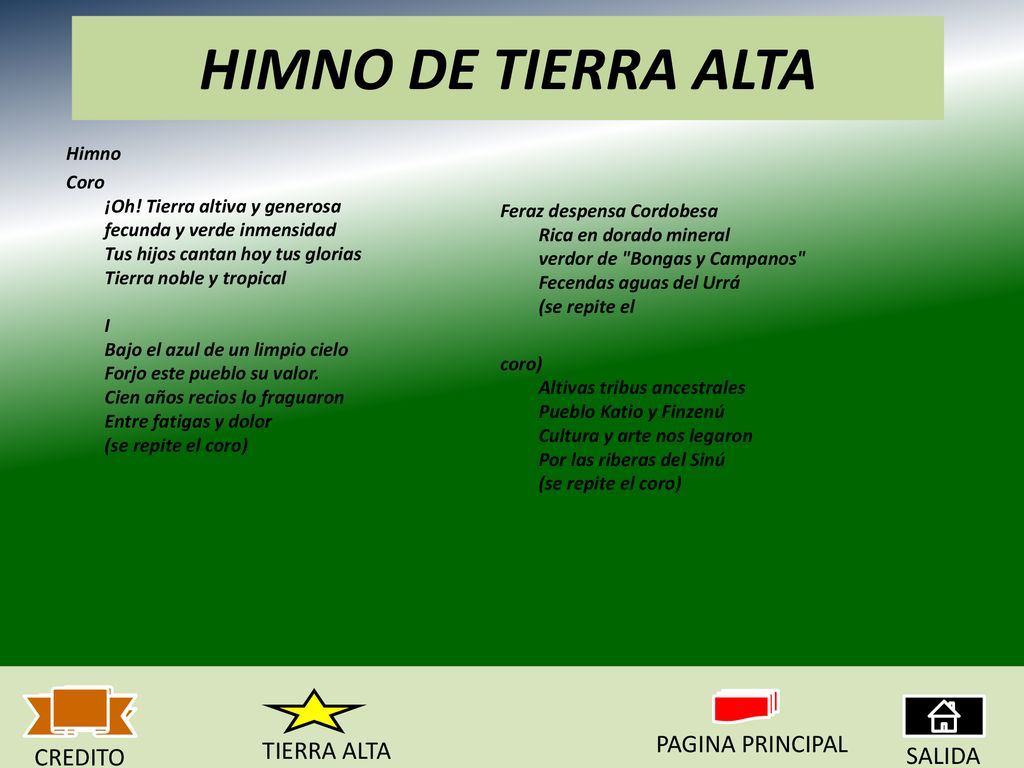 HIMNO DE TIERRA ALTA PAGINA PRINCIPAL TIERRA ALTA CREDITO SALIDA