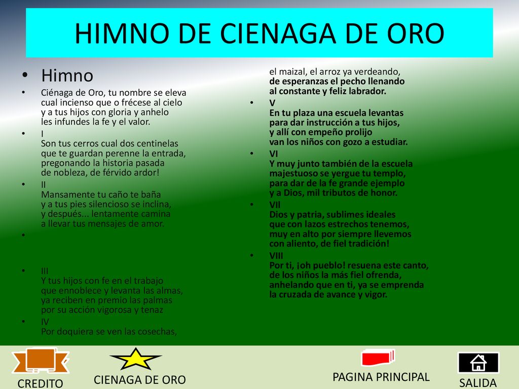 HIMNO DE CIENAGA DE ORO Himno PAGINA PRINCIPAL CIENAGA DE ORO CREDITO