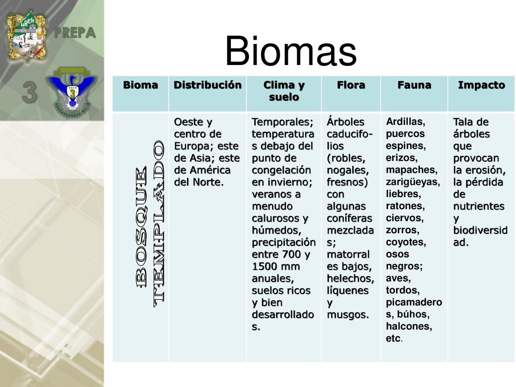 Biomas Bioma Distribución Clima y suelo Flora Fauna Impacto