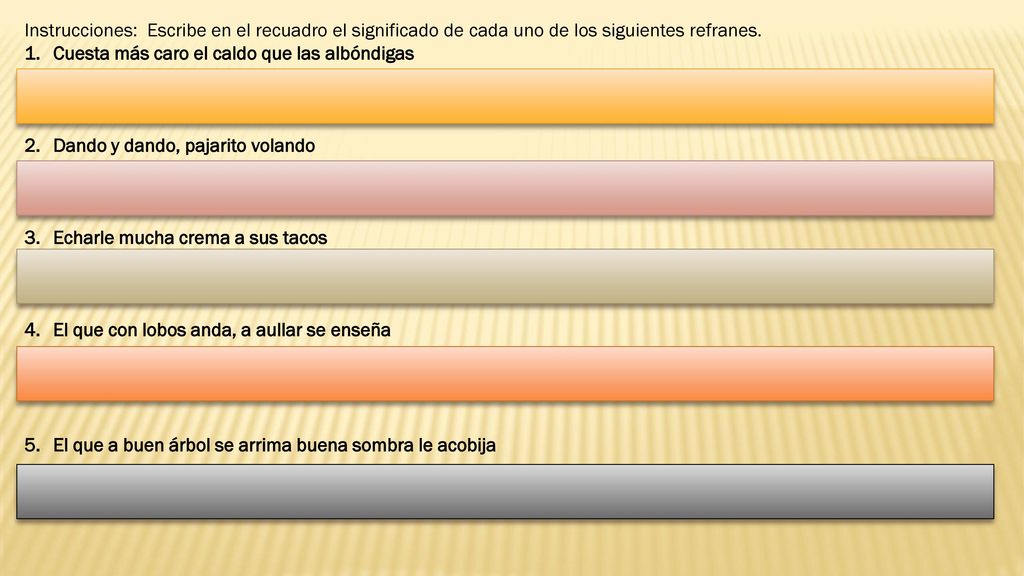 Instrucciones: Escribe en el recuadro el significado de cada uno de los siguientes refranes.