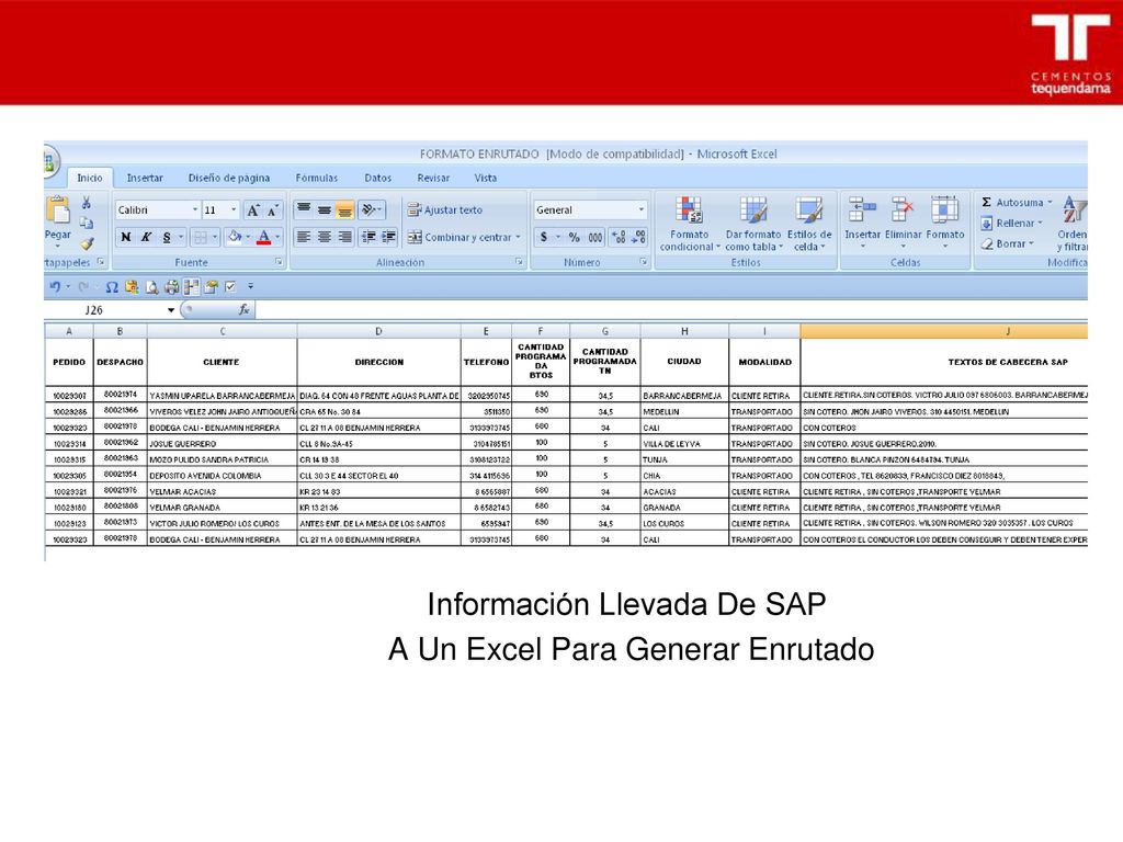 Información Llevada De SAP A Un Excel Para Generar Enrutado