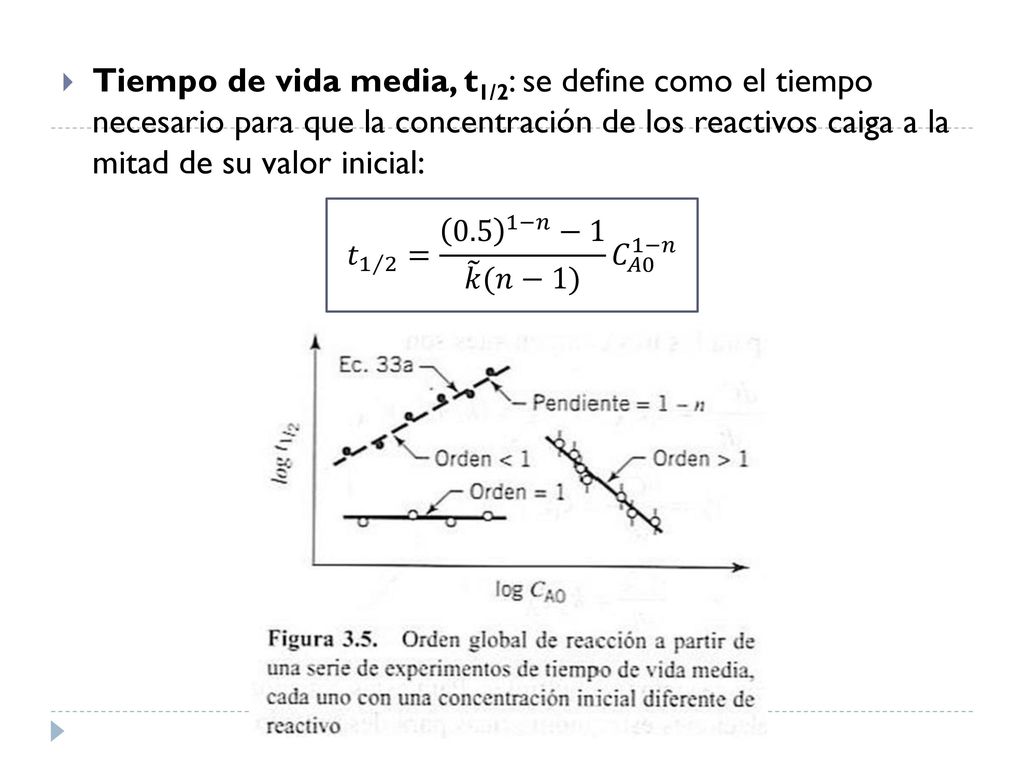 Tiempo de vida media, t1/2: se define como el tiempo necesario para que la concentración de los reactivos caiga a la mitad de su valor inicial: