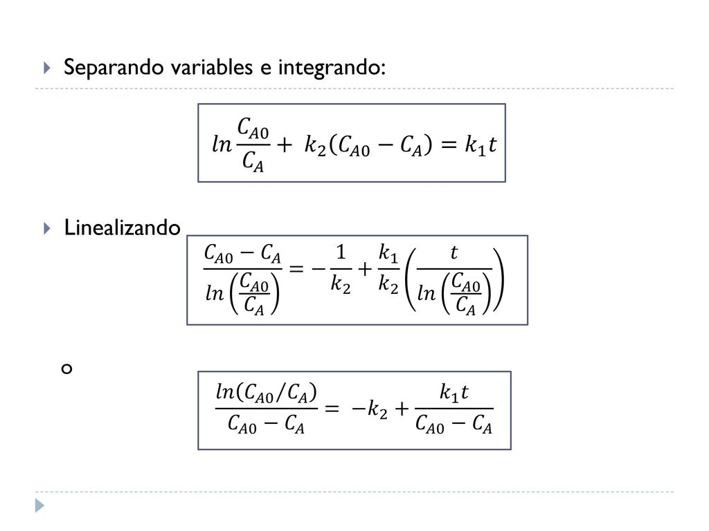Separando variables e integrando: 𝑙𝑛 𝐶 𝐴0 𝐶 𝐴 + 𝑘 2 𝐶 𝐴0 − 𝐶 𝐴 = 𝑘 1 𝑡