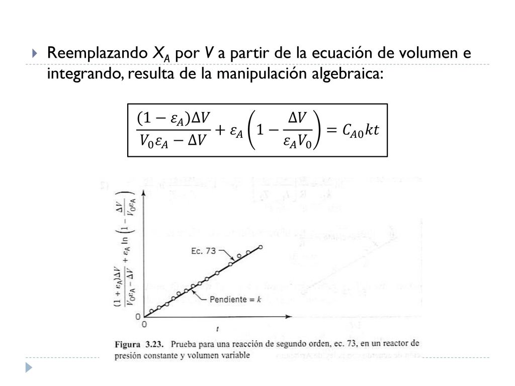 Reemplazando XA por V a partir de la ecuación de volumen e integrando, resulta de la manipulación algebraica: