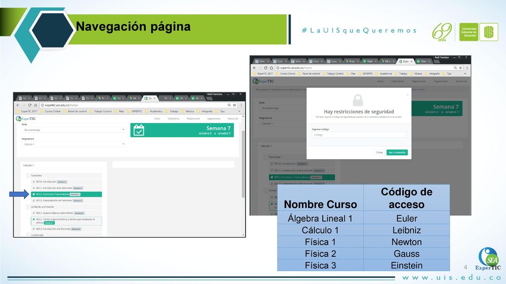 Navegación página Código de acceso Nombre Curso Álgebra Lineal 1 Euler