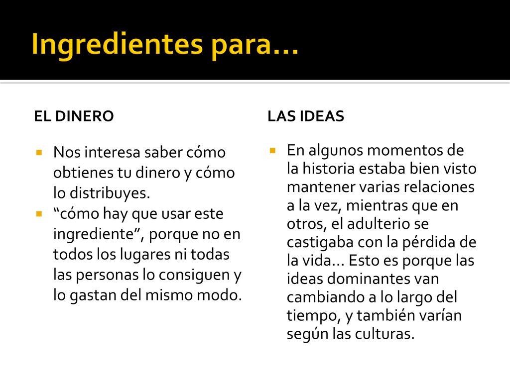 Ingredientes para… El dinero. Las ideas. Nos interesa saber cómo obtienes tu dinero y cómo lo distribuyes.