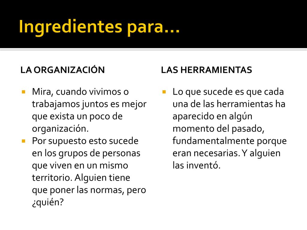 Ingredientes para… LA ORGANIZACIÓN. LAS HERRAMIENTAS. Mira, cuando vivimos o trabajamos juntos es mejor que exista un poco de organización.