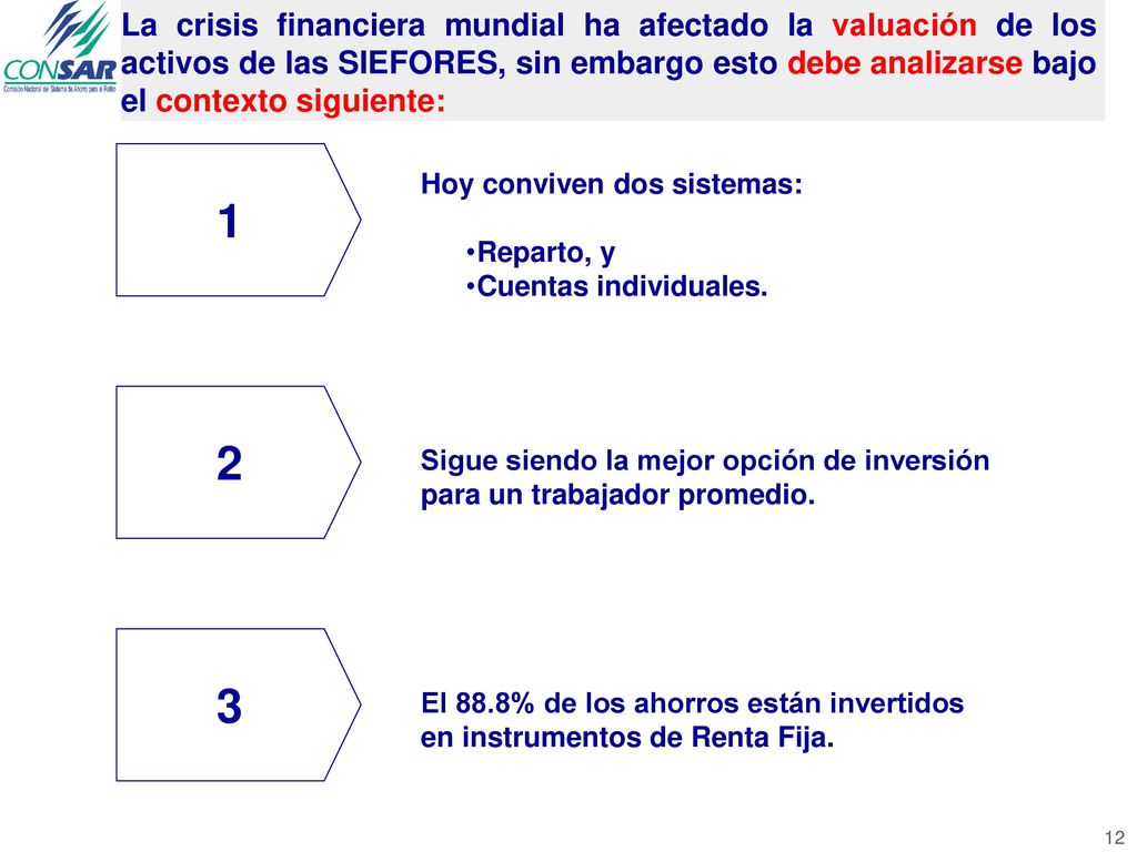 La crisis financiera mundial ha afectado la valuación de los activos de las SIEFORES, sin embargo esto debe analizarse bajo el contexto siguiente: