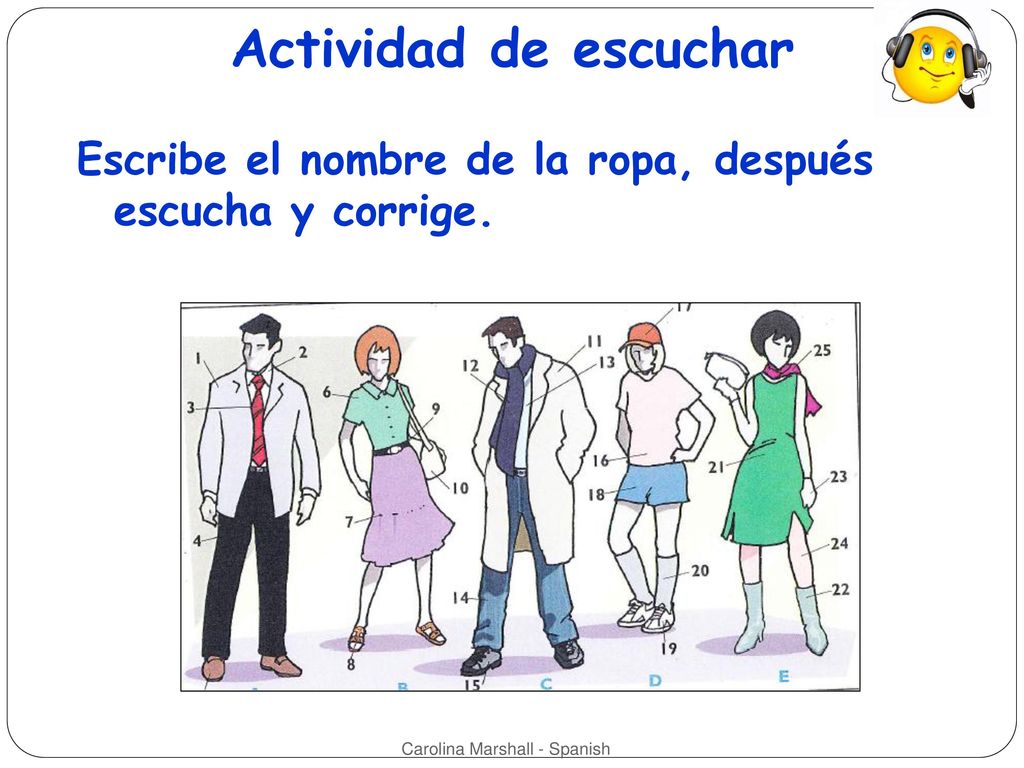 Actividad de escuchar Escribe el nombre de la ropa, después escucha y corrige.