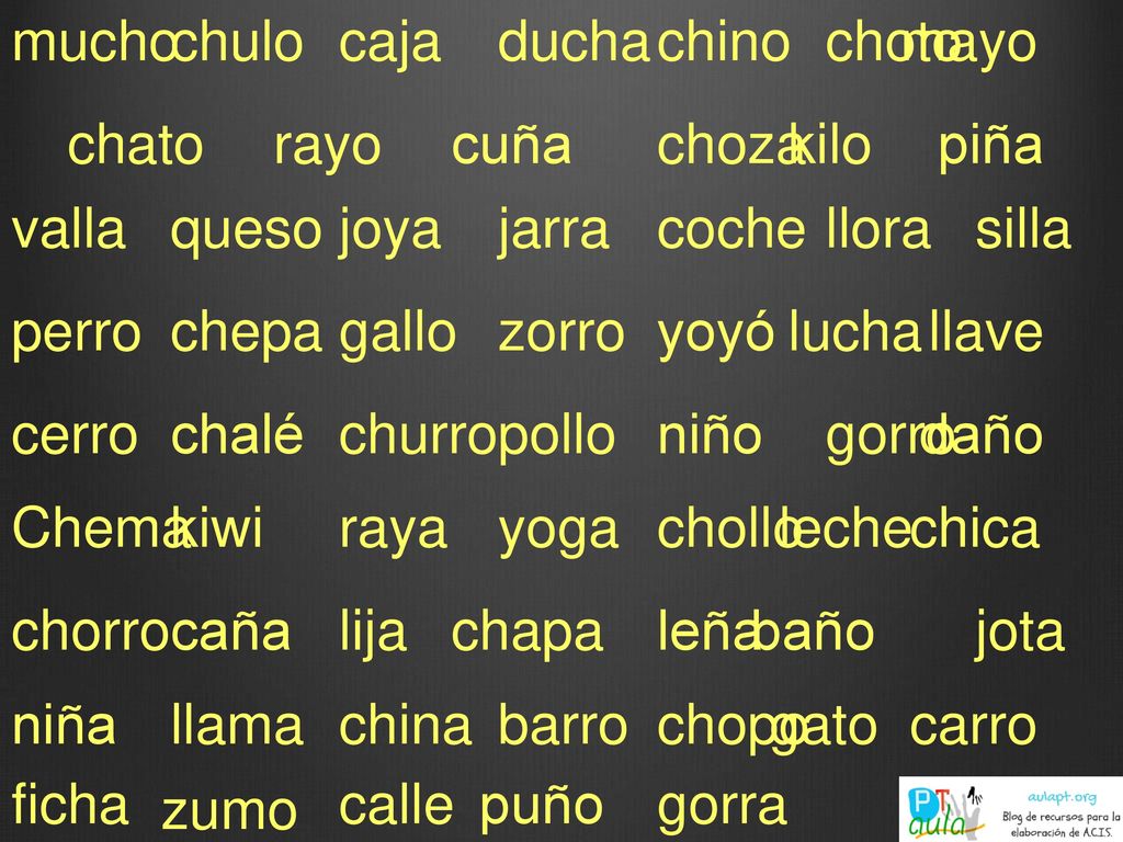 mucho chulo. caja. ducha. chino. choto. mayo. chato. rayo. cuña. choza. kilo. piña. valla.