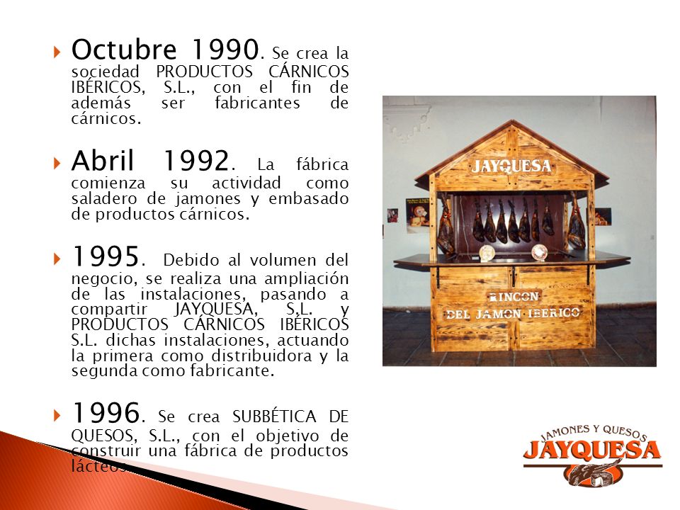 Octubre Se crea la sociedad PRODUCTOS CÁRNICOS IBÉRICOS, S. L