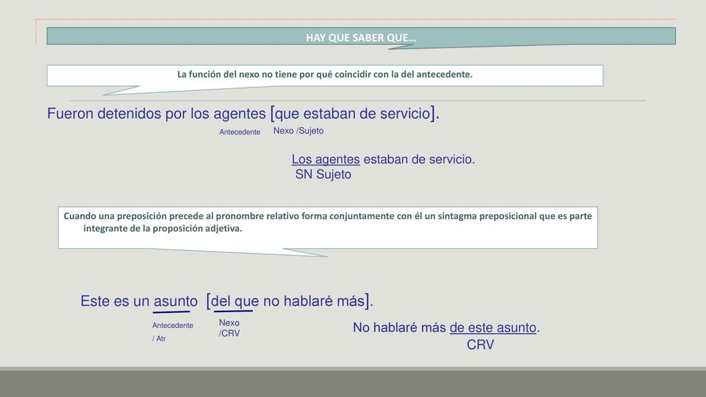 La función del nexo no tiene por qué coincidir con la del antecedente.