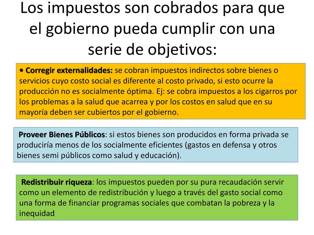 Los impuestos son cobrados para que el gobierno pueda cumplir con una serie de objetivos: