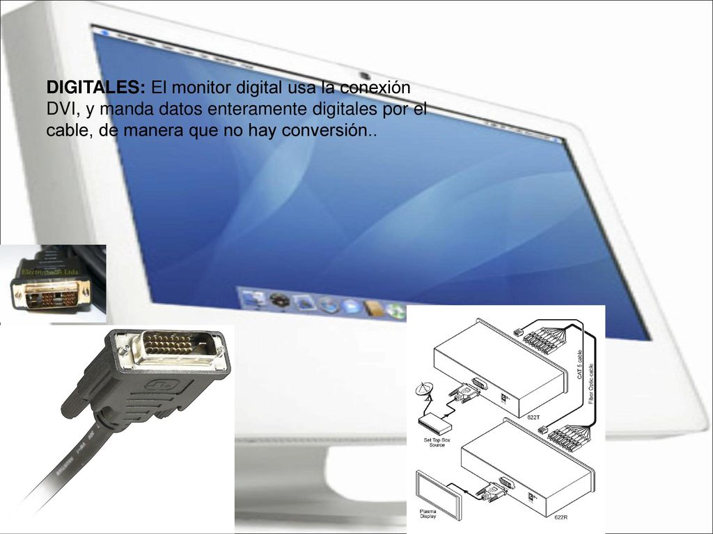 DIGITALES: El monitor digital usa la conexión DVI, y manda datos enteramente digitales por el cable, de manera que no hay conversión..