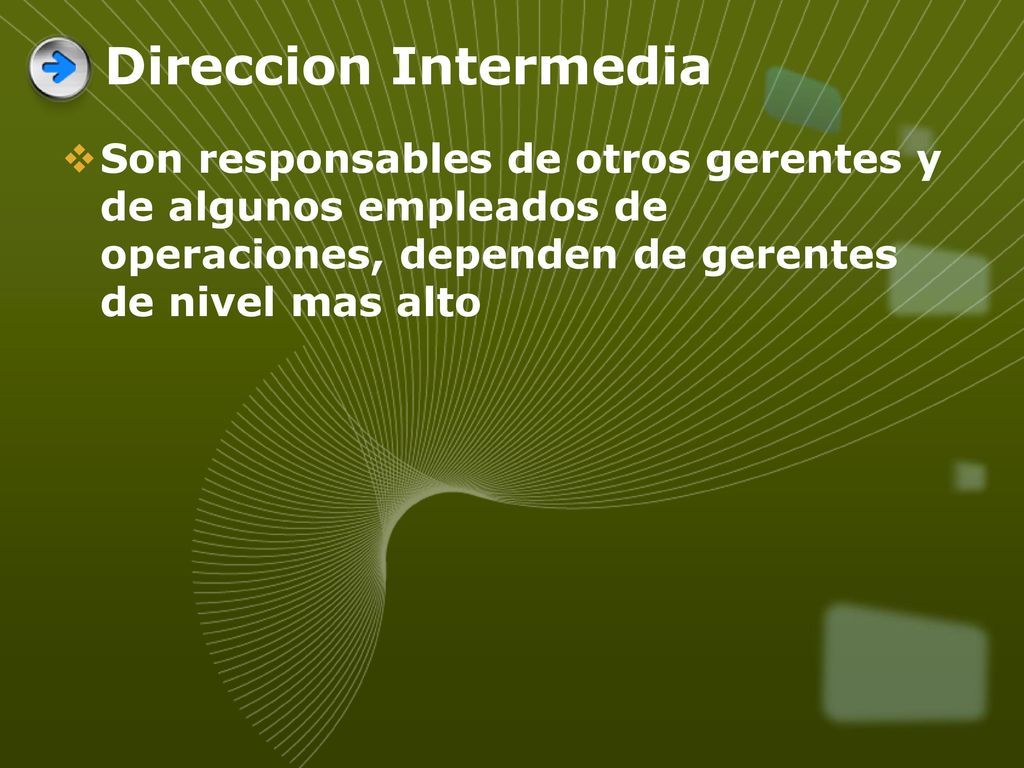 Direccion Intermedia Son responsables de otros gerentes y de algunos empleados de operaciones, dependen de gerentes de nivel mas alto.