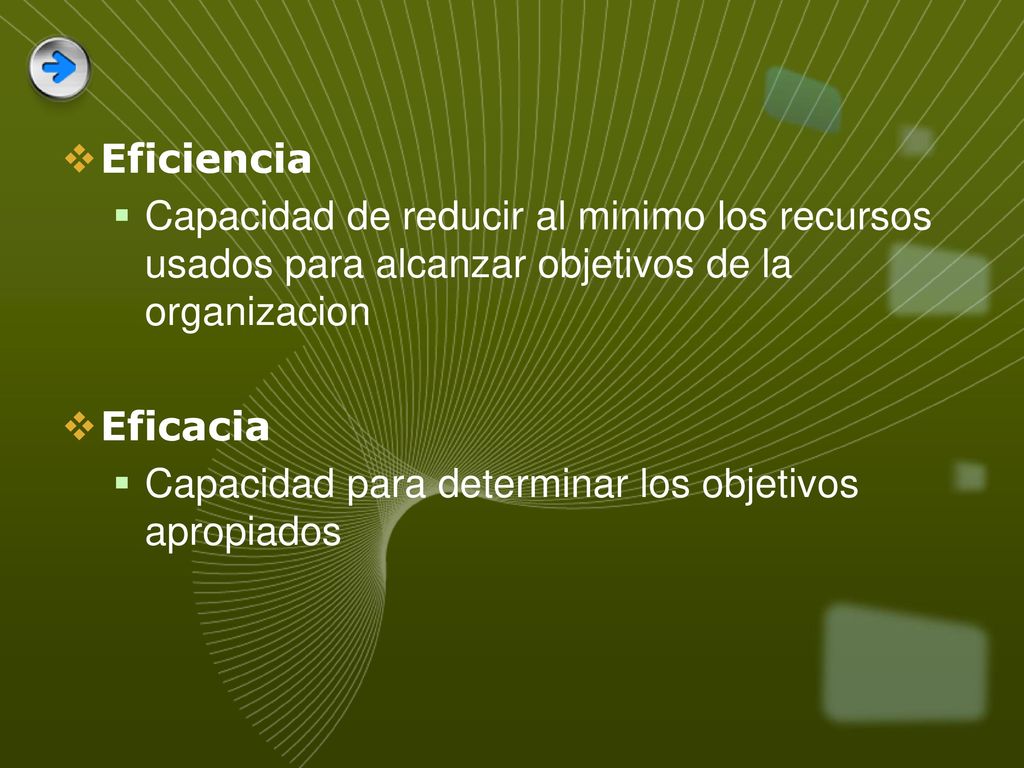 Eficiencia Capacidad de reducir al minimo los recursos usados para alcanzar objetivos de la organizacion.