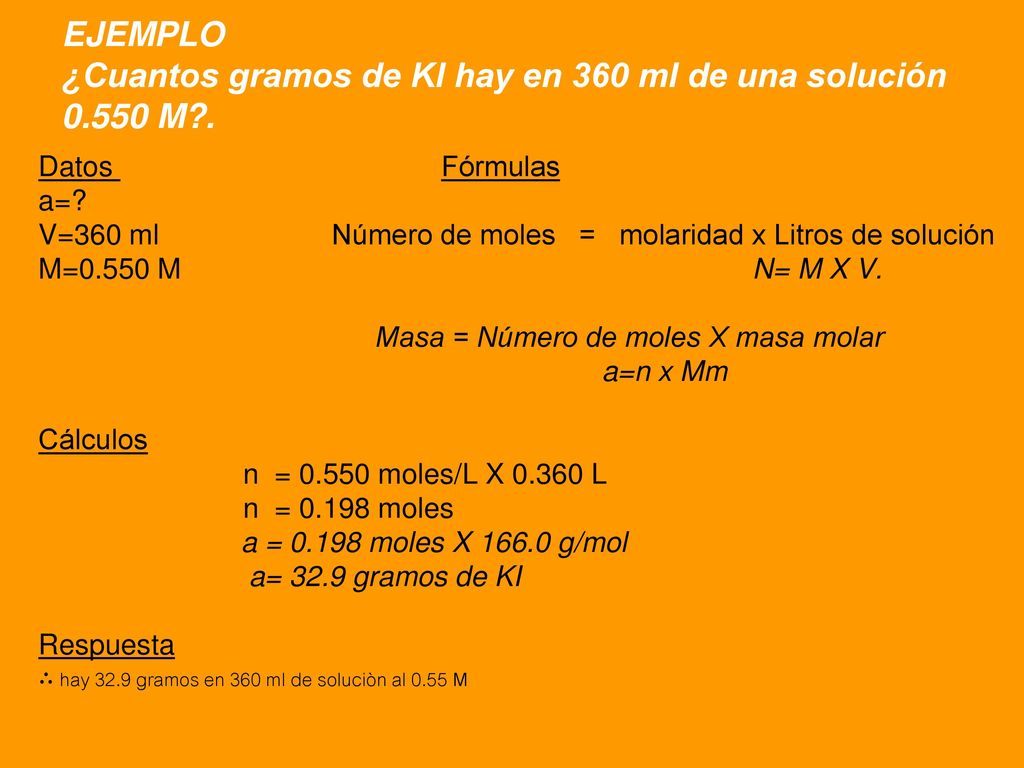 EJEMPLO ¿Cuantos gramos de Kl hay en 360 ml de una solución M .