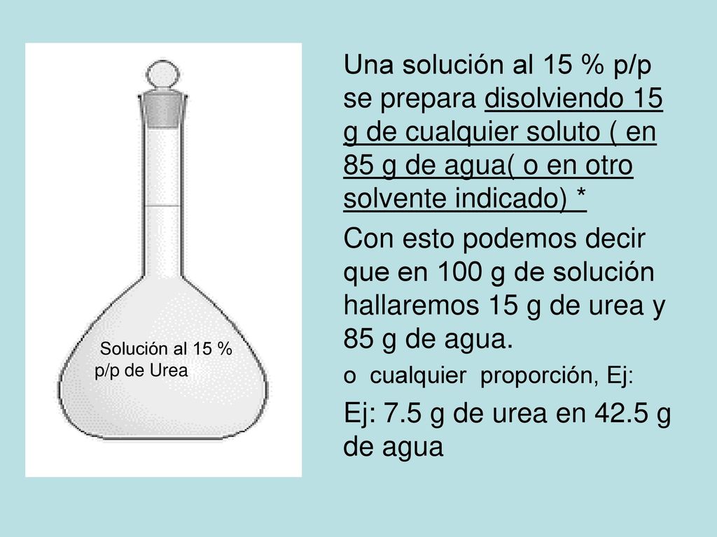 Una solución al 15 % p/p se prepara disolviendo 15 g de cualquier soluto ( en 85 g de agua( o en otro solvente indicado) *