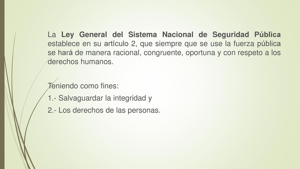 La Ley General del Sistema Nacional de Seguridad Pública establece en su artículo 2, que siempre que se use la fuerza pública se hará de manera racional, congruente, oportuna y con respeto a los derechos humanos.