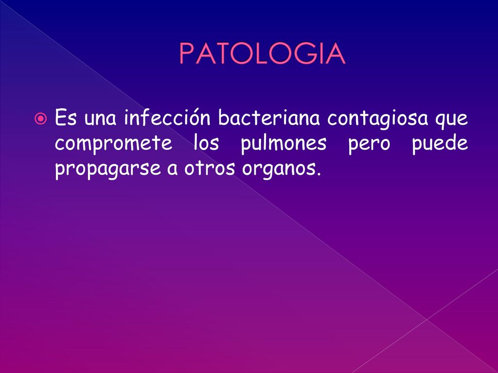 PATOLOGIA Es una infección bacteriana contagiosa que compromete los pulmones pero puede propagarse a otros organos.