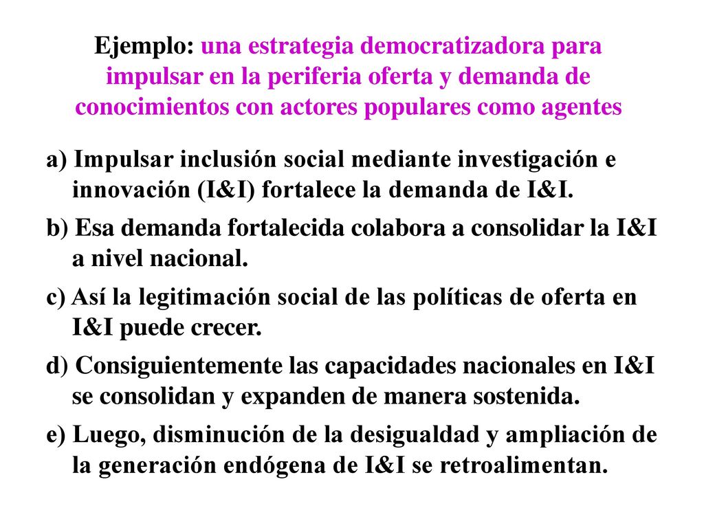 Ejemplo: una estrategia democratizadora para impulsar en la periferia oferta y demanda de conocimientos con actores populares como agentes
