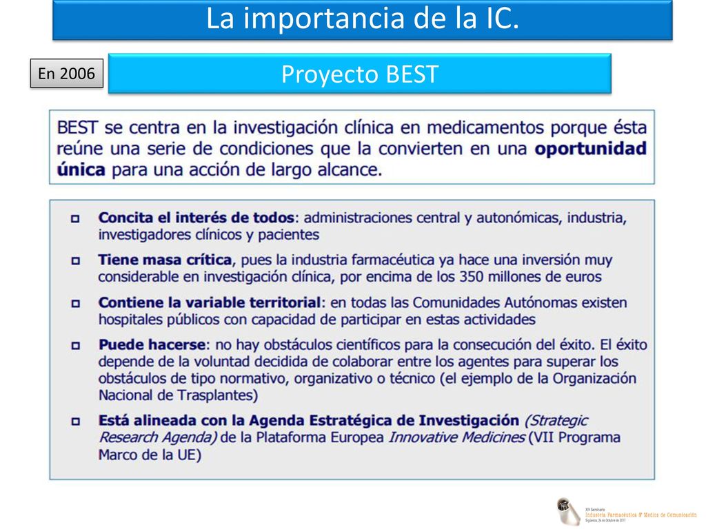 La importancia de la IC. Proyecto BEST En 2006
