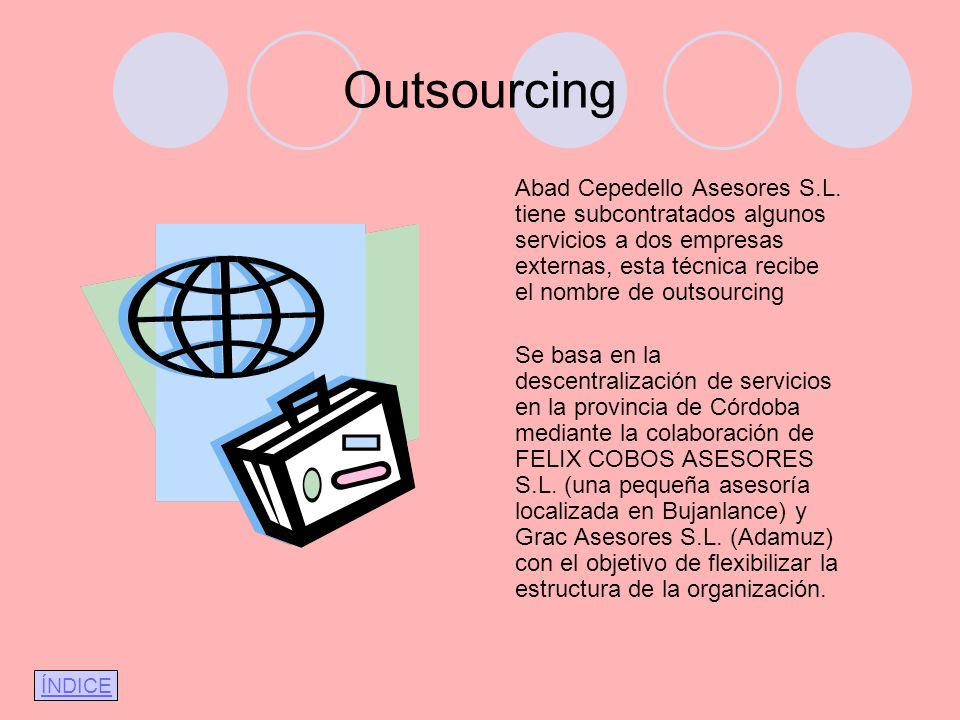 Outsourcing Abad Cepedello Asesores S.L. tiene subcontratados algunos servicios a dos empresas externas, esta técnica recibe el nombre de outsourcing.