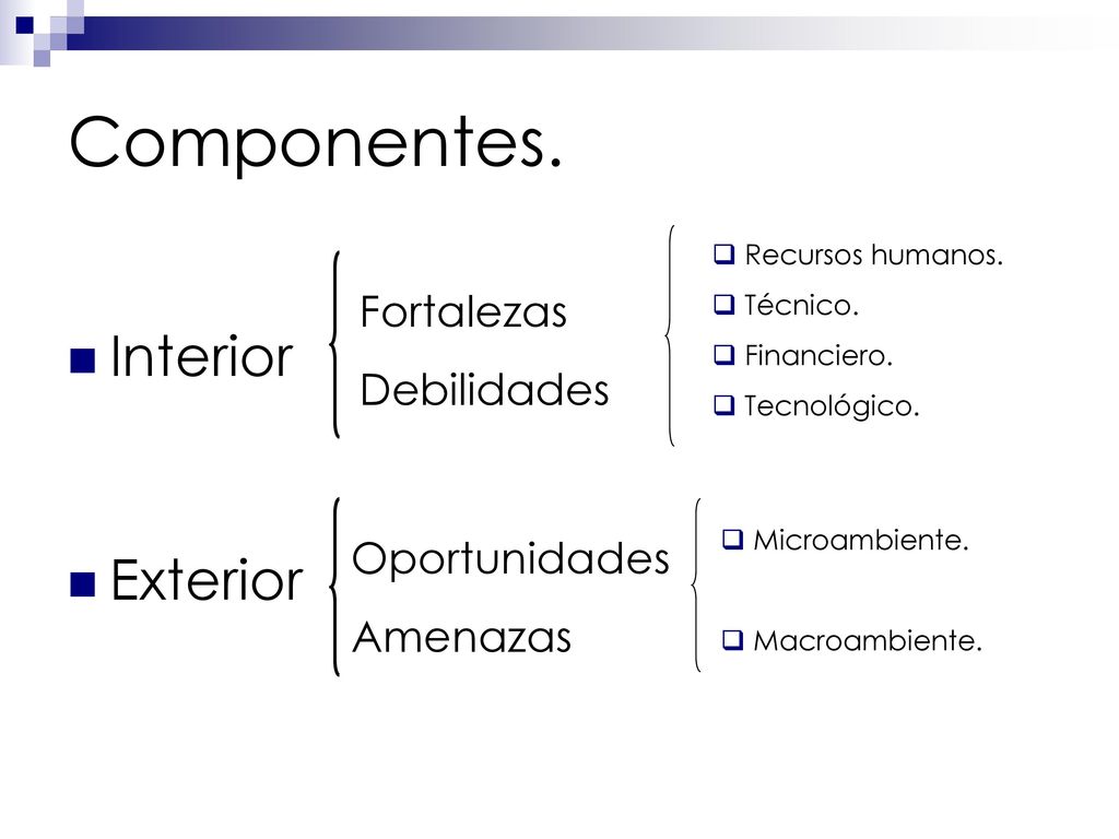 Componentes. Interior Exterior Fortalezas Debilidades Oportunidades