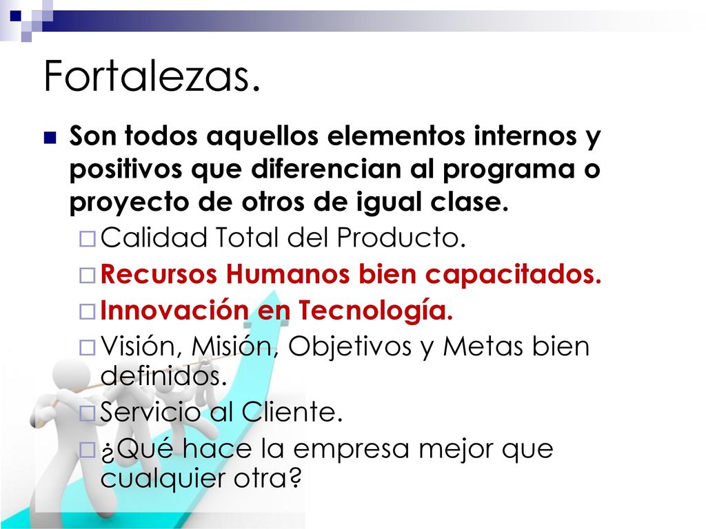 Fortalezas. Son todos aquellos elementos internos y positivos que diferencian al programa o proyecto de otros de igual clase.