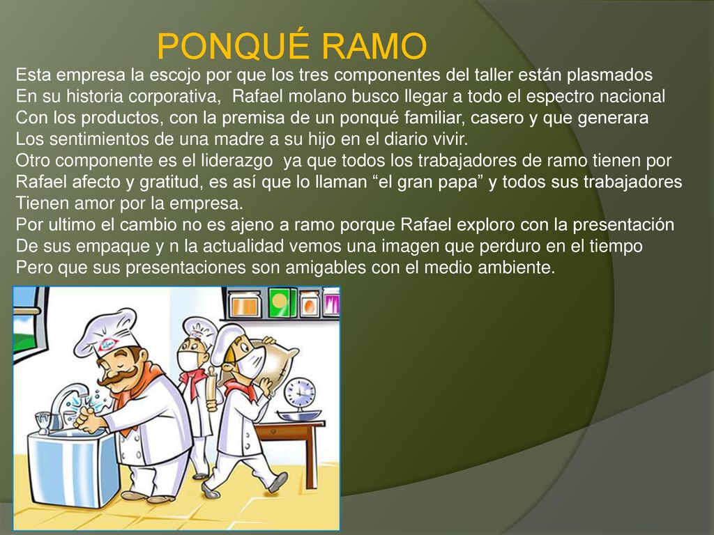 PONQUÉ RAMO Esta empresa la escojo por que los tres componentes del taller están plasmados.