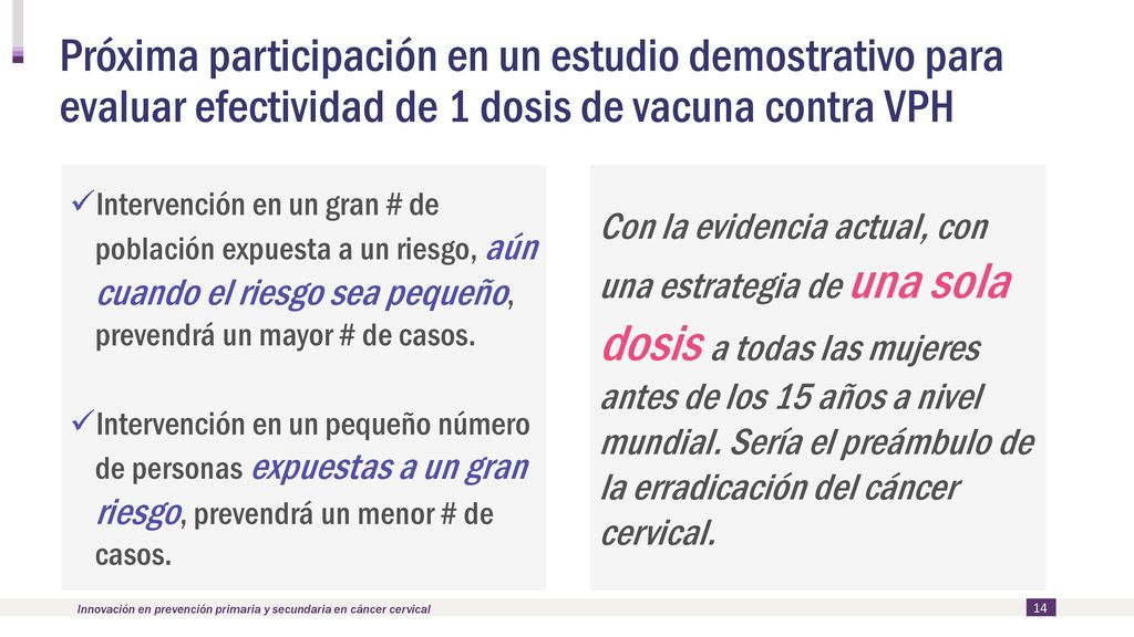 Próxima participación en un estudio demostrativo para evaluar efectividad de 1 dosis de vacuna contra VPH