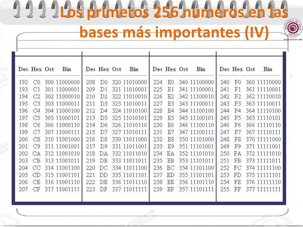 Los primeros 256 números en las bases más importantes (IV)