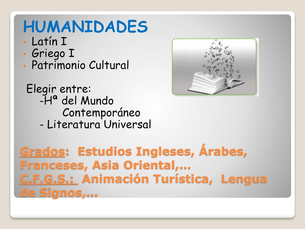 HUMANIDADES Latín I. Griego I. Patrimonio Cultural. Elegir entre: -Hª del Mundo. Contemporáneo.