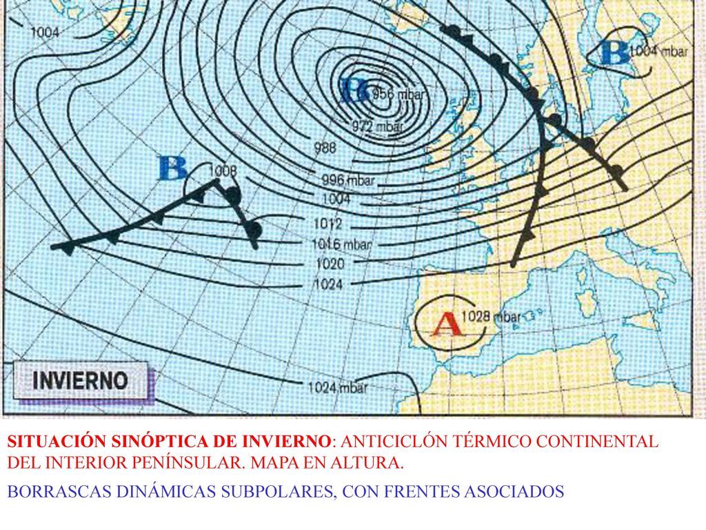 SITUACIÓN SINÓPTICA DE INVIERNO: ANTICICLÓN TÉRMICO CONTINENTAL DEL INTERIOR PENÍNSULAR. MAPA EN ALTURA.