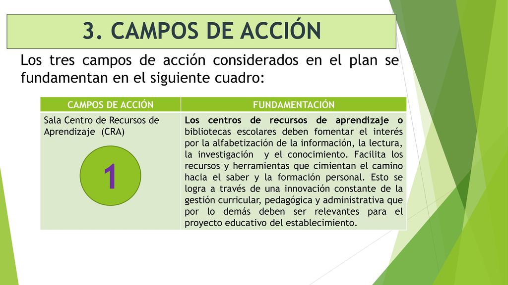 3. CAMPOS DE ACCIÓN Los tres campos de acción considerados en el plan se fundamentan en el siguiente cuadro: