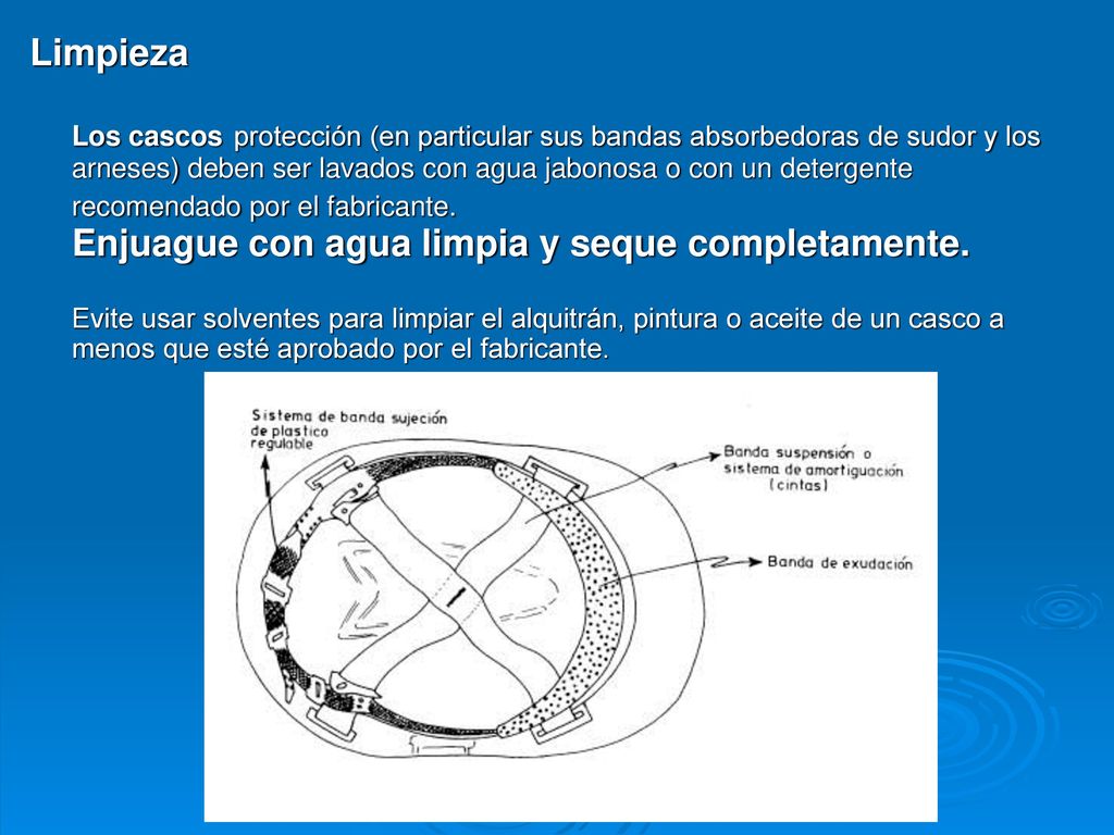 Limpieza Los cascos protección (en particular sus bandas absorbedoras de sudor y los arneses) deben ser lavados con agua jabonosa o con un detergente recomendado por el fabricante.